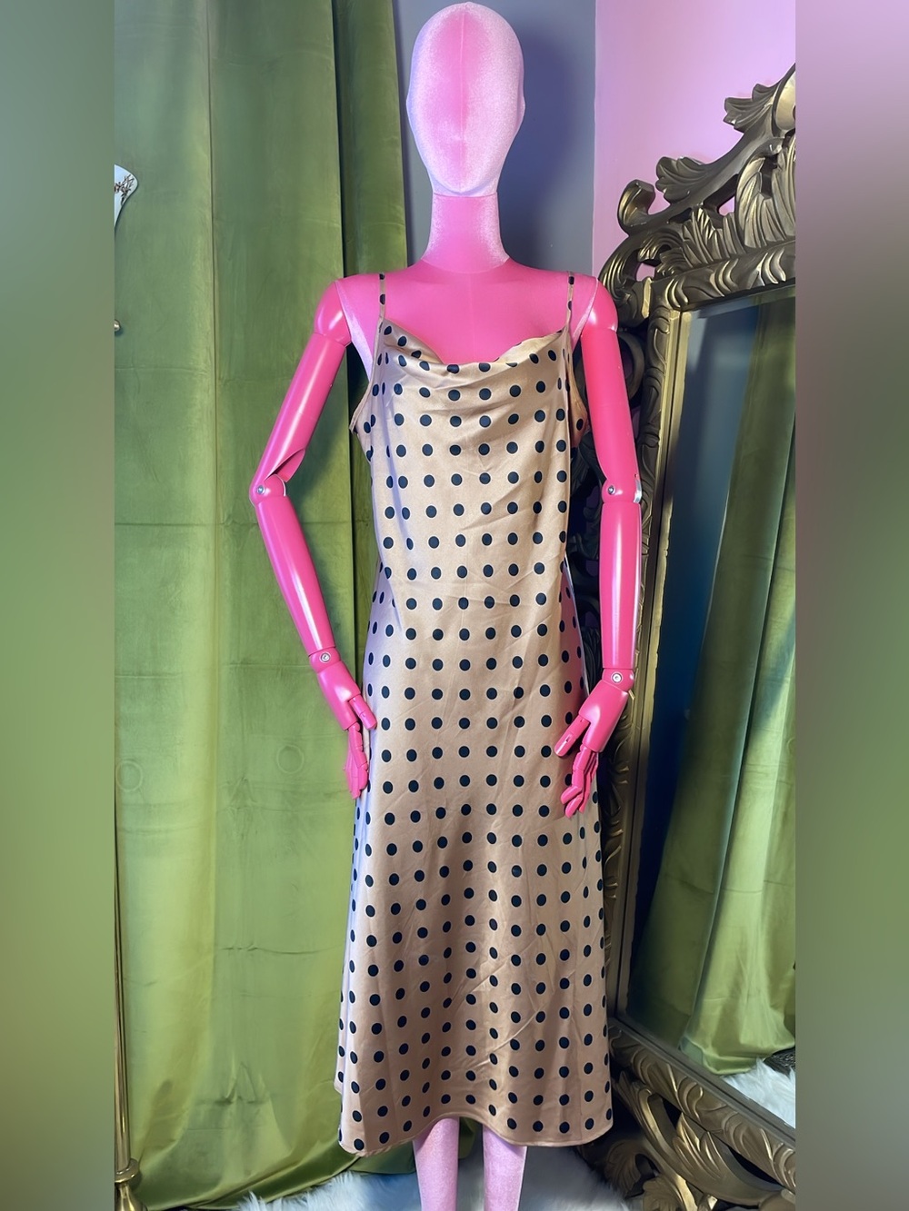 Polka Dot Satin Slip Dress - Beige with Black Dots